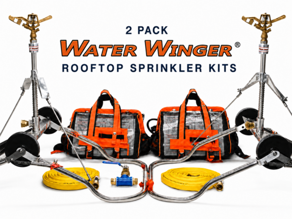Two-pack Water Winger rooftop wildfire sprinkler kits with yellow hoses